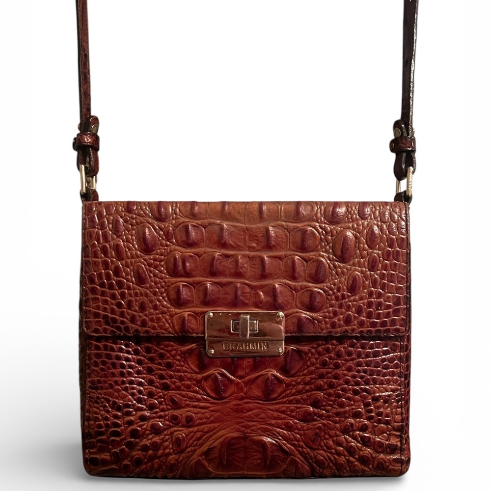 Vintage Brahmin Croc Embossed Leather Crossbody | Cognac Brown | Gold Hardware
